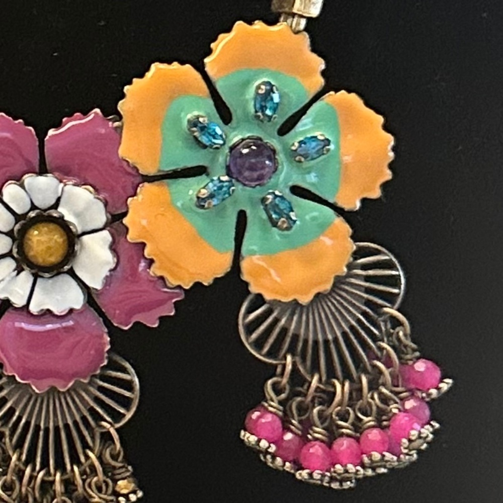 TOVA - Vibrant Boho Floral Enamel Brass Necklace on Brown Leather Cord - 18 in. - Picture 8 of 14